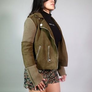 Olive Green Faux Suede Knit Mixed Media Moto Jacket